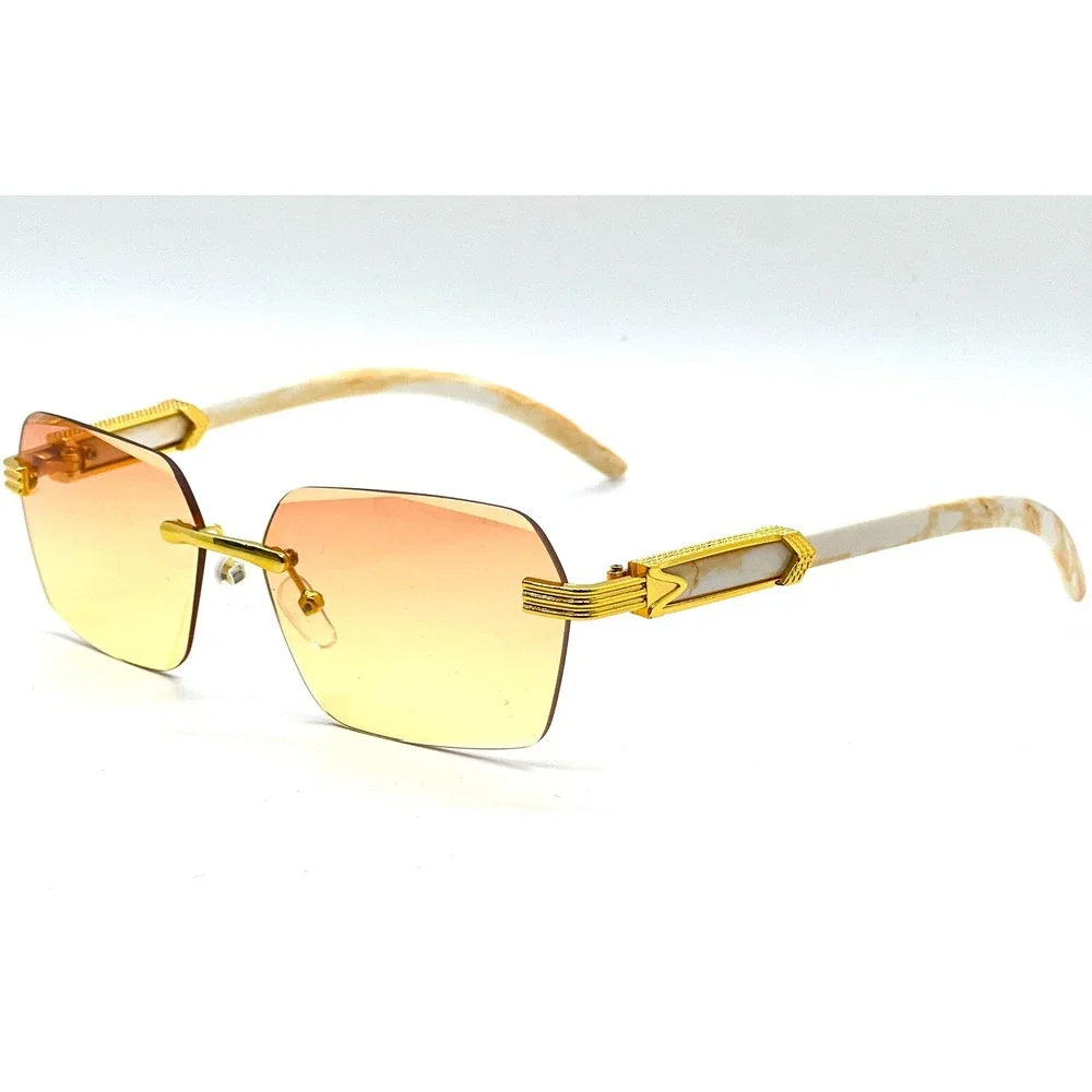 Mens‎ Rimless Rectangle Sunglasses Gold Metal Frame Cream Marble Gradient Lens
